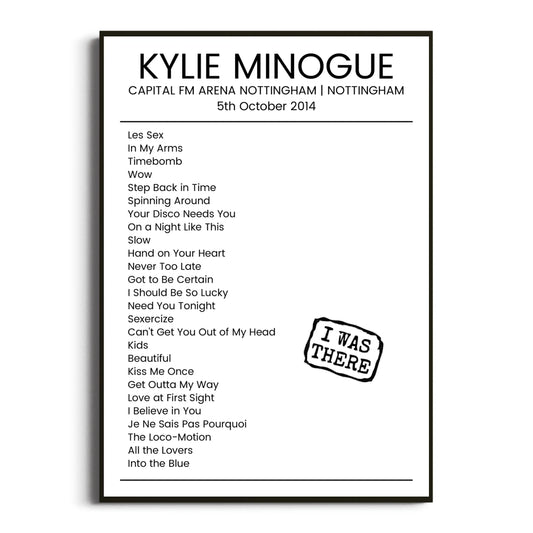 Kylie Minogue Nottingham 05 October 2014 Setlist Poster