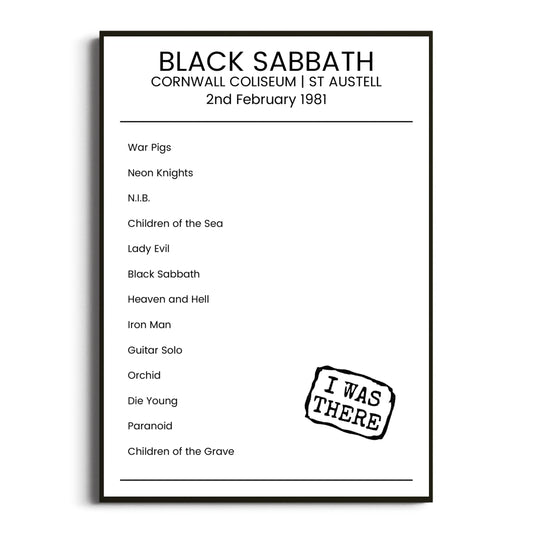 Black Sabbath St Austell 02 February 1981 Setlist Poster