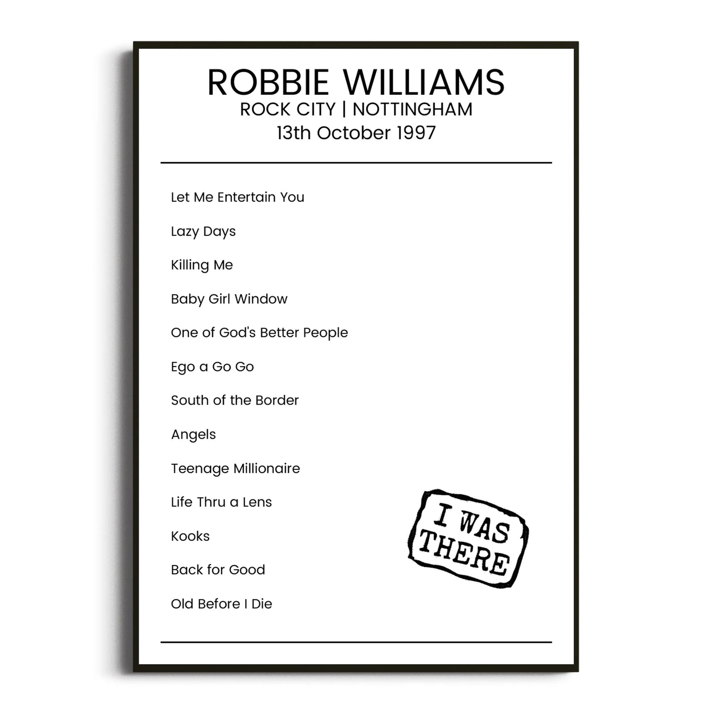 Robbie Williams Nottingham 13 October 1997 Setlist Poster