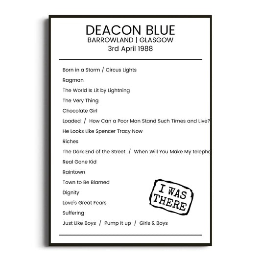 Deacon Blue Glasgow 03 April 1988 Setlist Poster