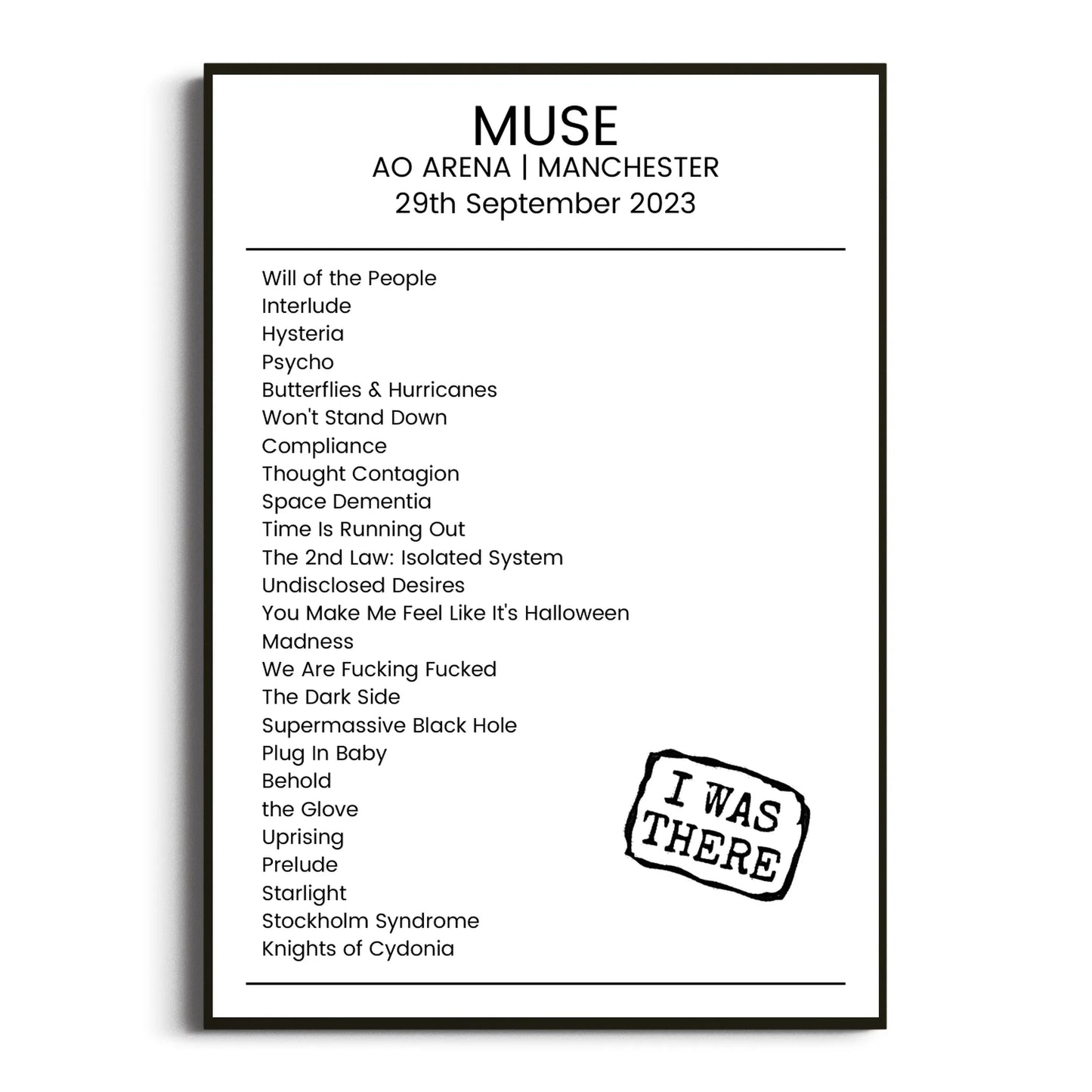 Muse Manchester 29 September 2023 Setlist Poster