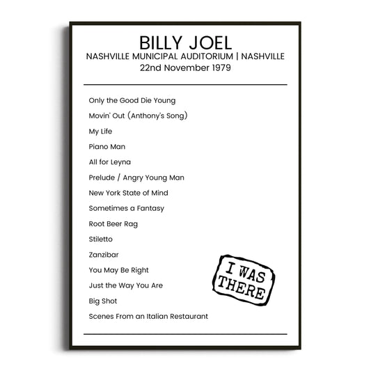 Billy Joel Nashville 22 November 1979 Setlist Poster