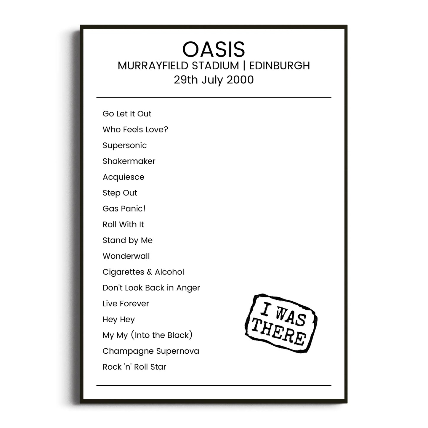 Oasis Edinburgh 29 July 2000 Setlist Poster