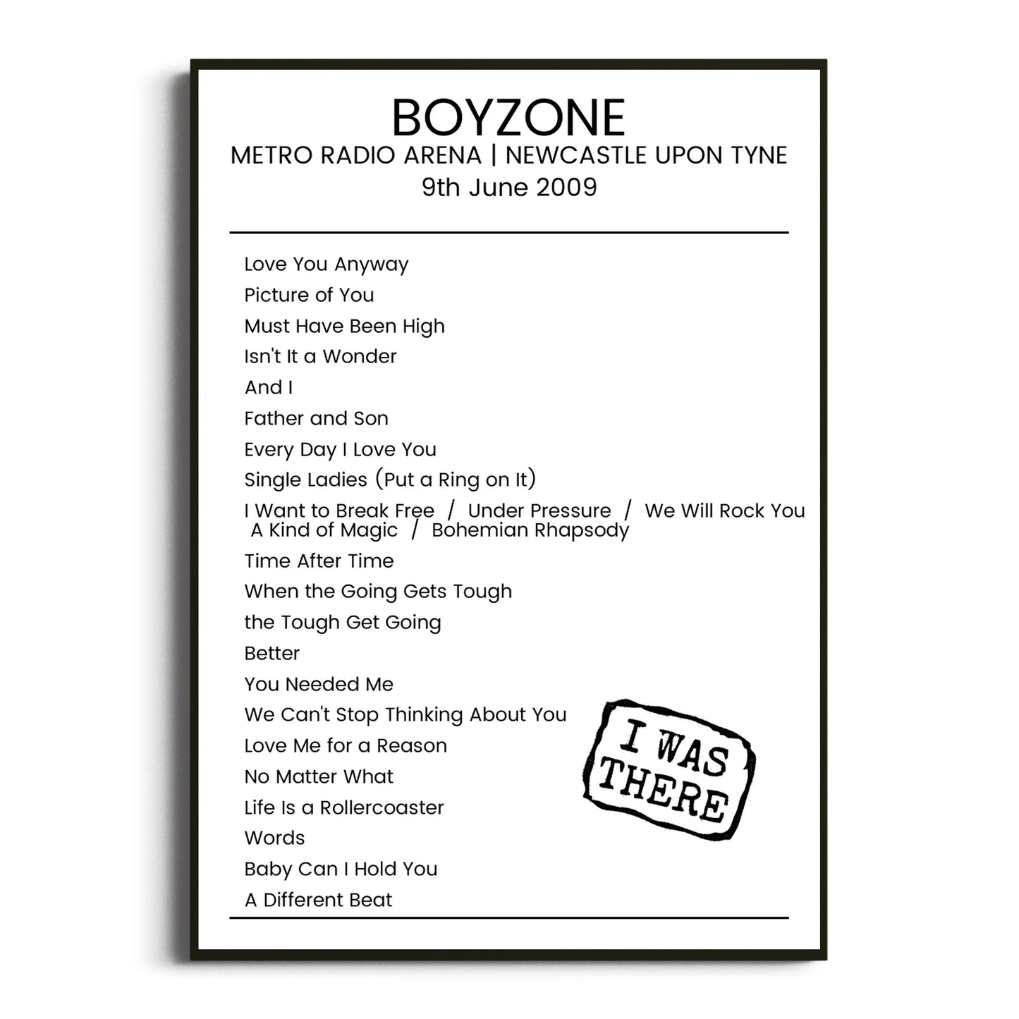 Boyzone Newcastle upon Tyne 09 June 2009 Setlist Poster