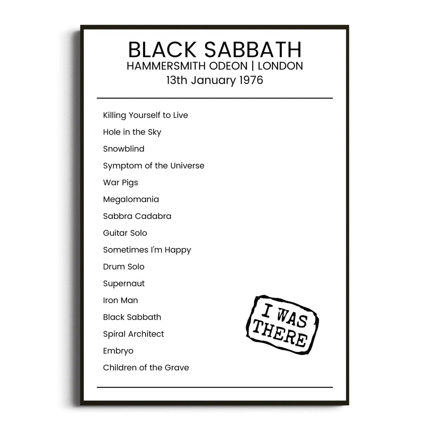 Black Sabbath London 13 January 1976 Setlist Poster