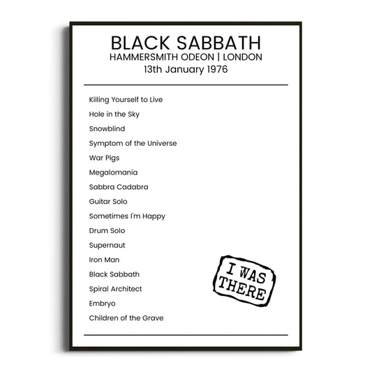 Black Sabbath London 13 January 1976 Setlist Poster