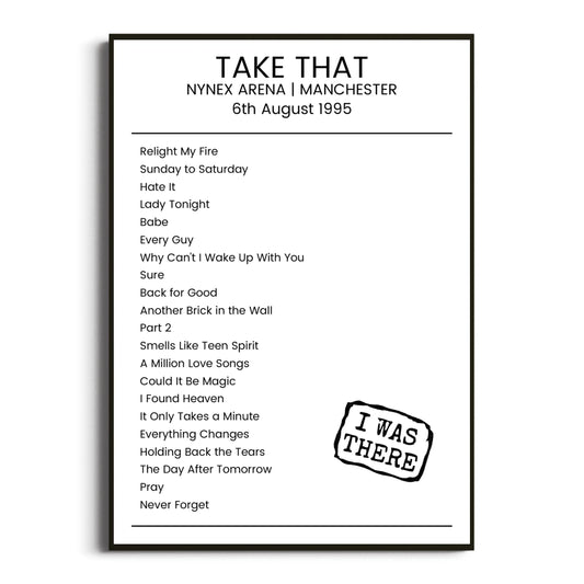 Take That Manchester 06 August 1995 Setlist Poster