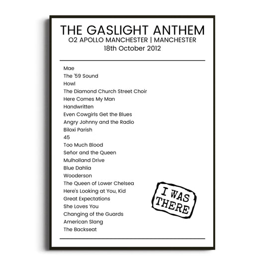 The Gaslight Anthem Manchester 18 October 2012 Setlist Poster