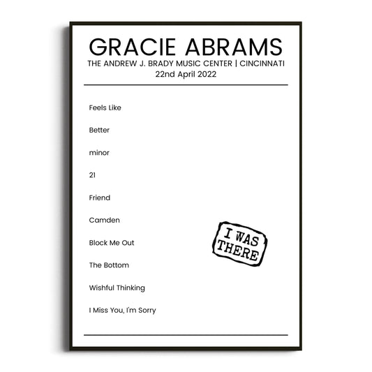 Gracie Abrams Cincinnati 22 April 2022 Setlist Poster