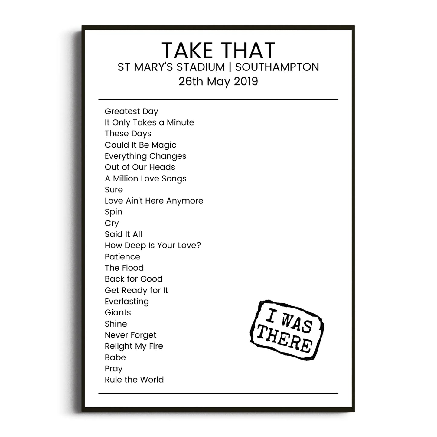 Take That Southampton 26 May 2019 Setlist Poster