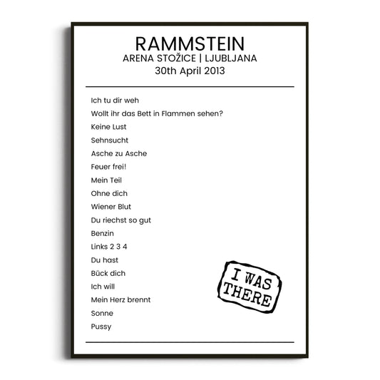 Rammstein Ljubljana 30 April 2013 Setlist Poster