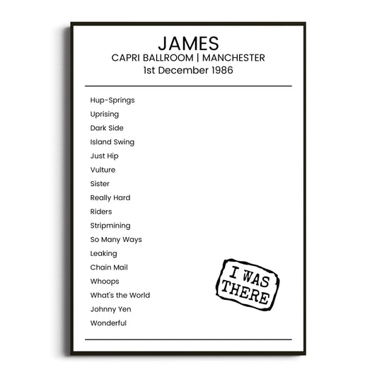 James Manchester 01 December 1986 Setlist Poster