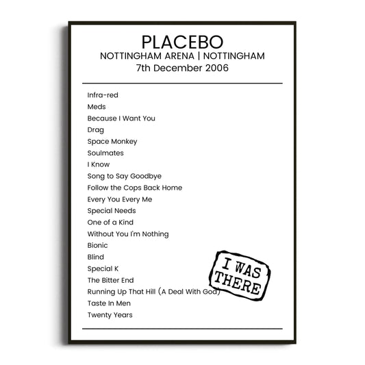 Placebo Nottingham 07 December 2006 Setlist Poster