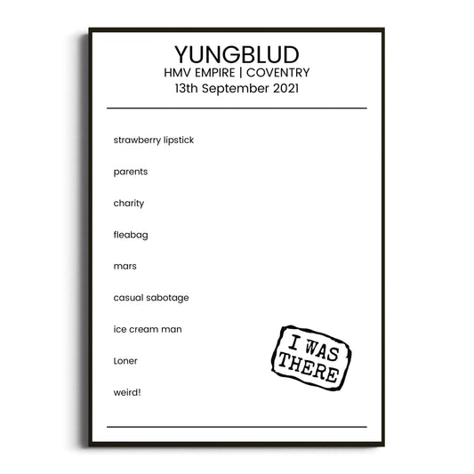 YUNGBLUD Coventry 13 September 2021 Setlist Poster