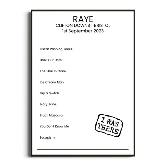 RAYE Bristol 01 September 2023 Setlist Poster