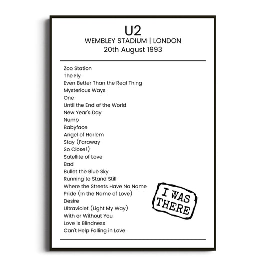 U2 London 20 August 1993 Setlist Poster