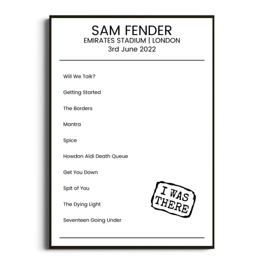 Sam Fender London 03 June 2022 Setlist Poster