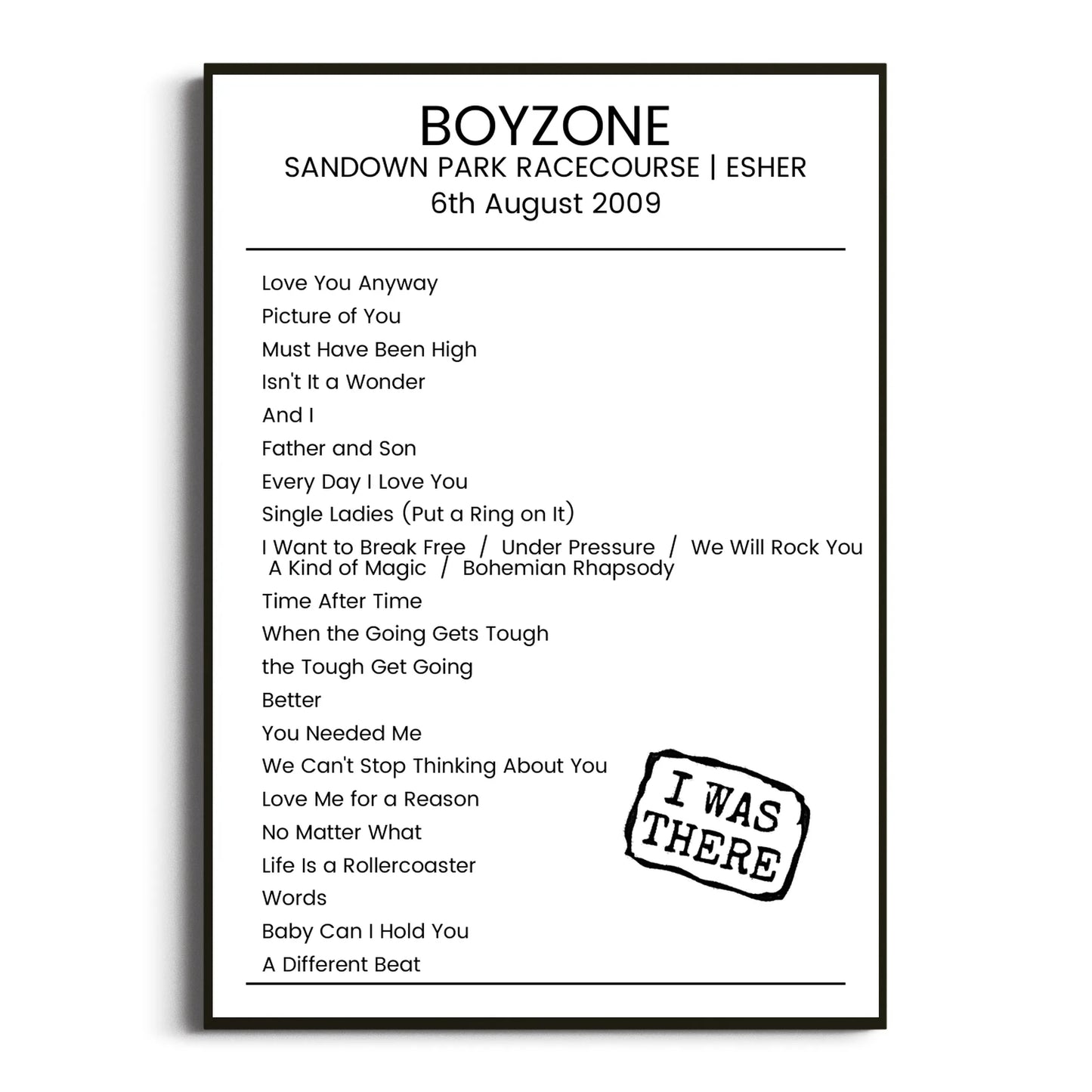 Boyzone Esher 06 August 2009 Setlist Poster