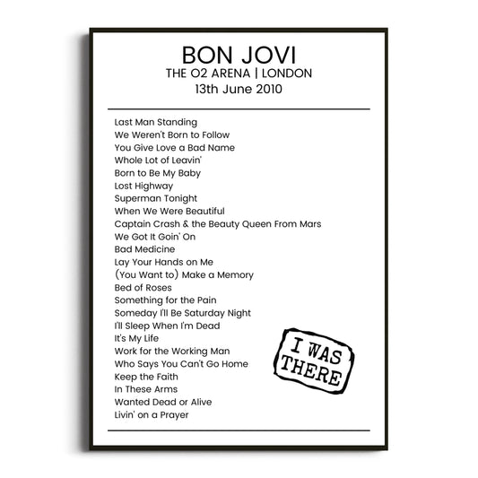 Bon Jovi London 13 June 2010 Setlist Poster