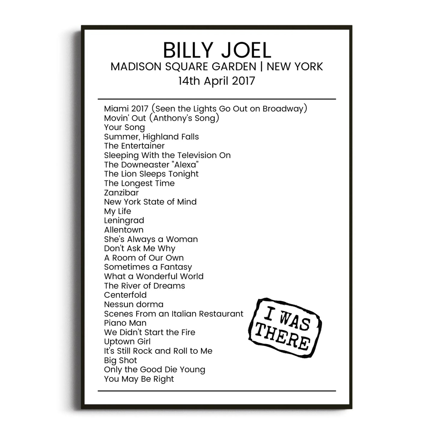 Billy Joel New York 14 April 2017 Setlist Poster