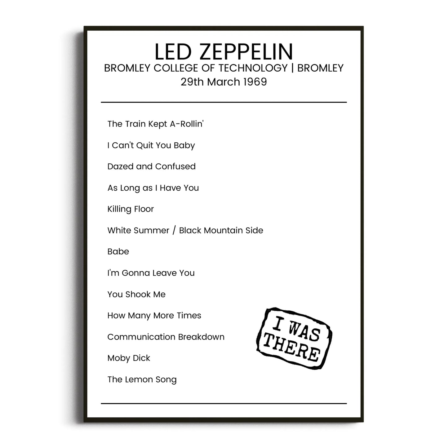 Led Zeppelin Bromley 29 March 1969 Setlist Poster