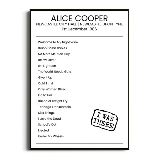 Alice Cooper Newcastle upon Tyne 01 December 1986 Setlist Poster