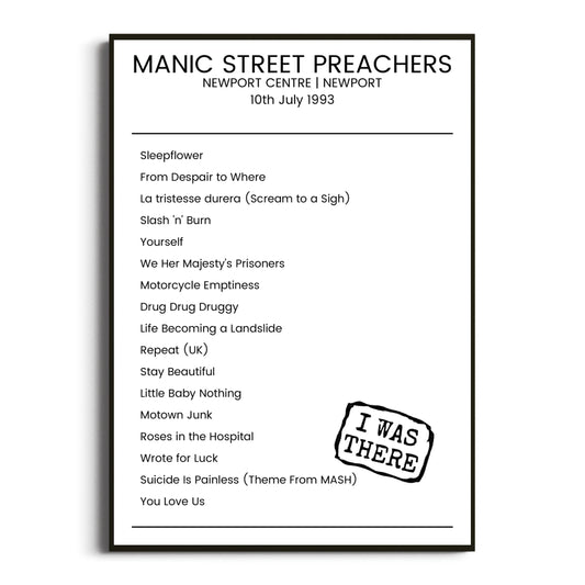 Manic Street Preachers Newport 10 July 1993 Setlist Poster