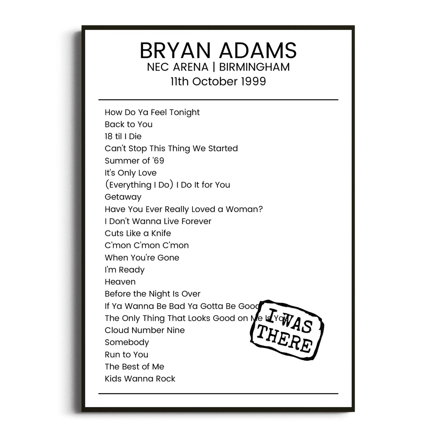 Bryan Adams Birmingham 11 October 1999 Setlist Poster