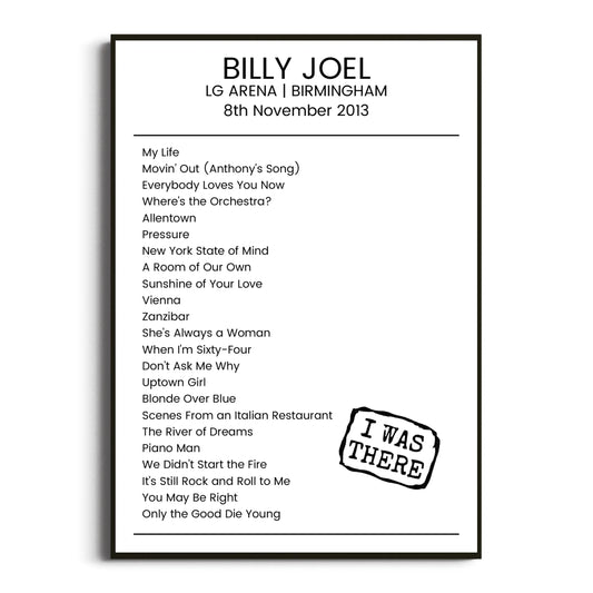 Billy Joel Birmingham 08 November 2013 Setlist Poster