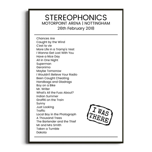 Stereophonics Nottingham 26 February 2018 Setlist Poster