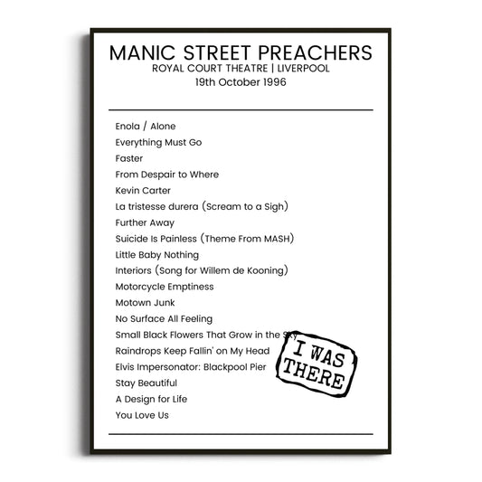 Manic Street Preachers Liverpool 19 October 1996 Setlist Poster