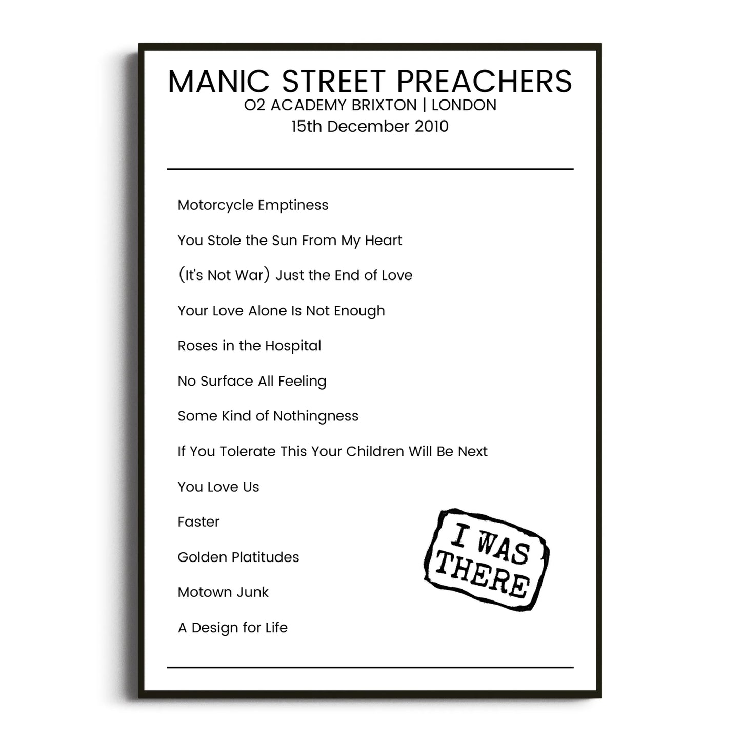 Manic Street Preachers London 15 December 2010 Setlist Poster