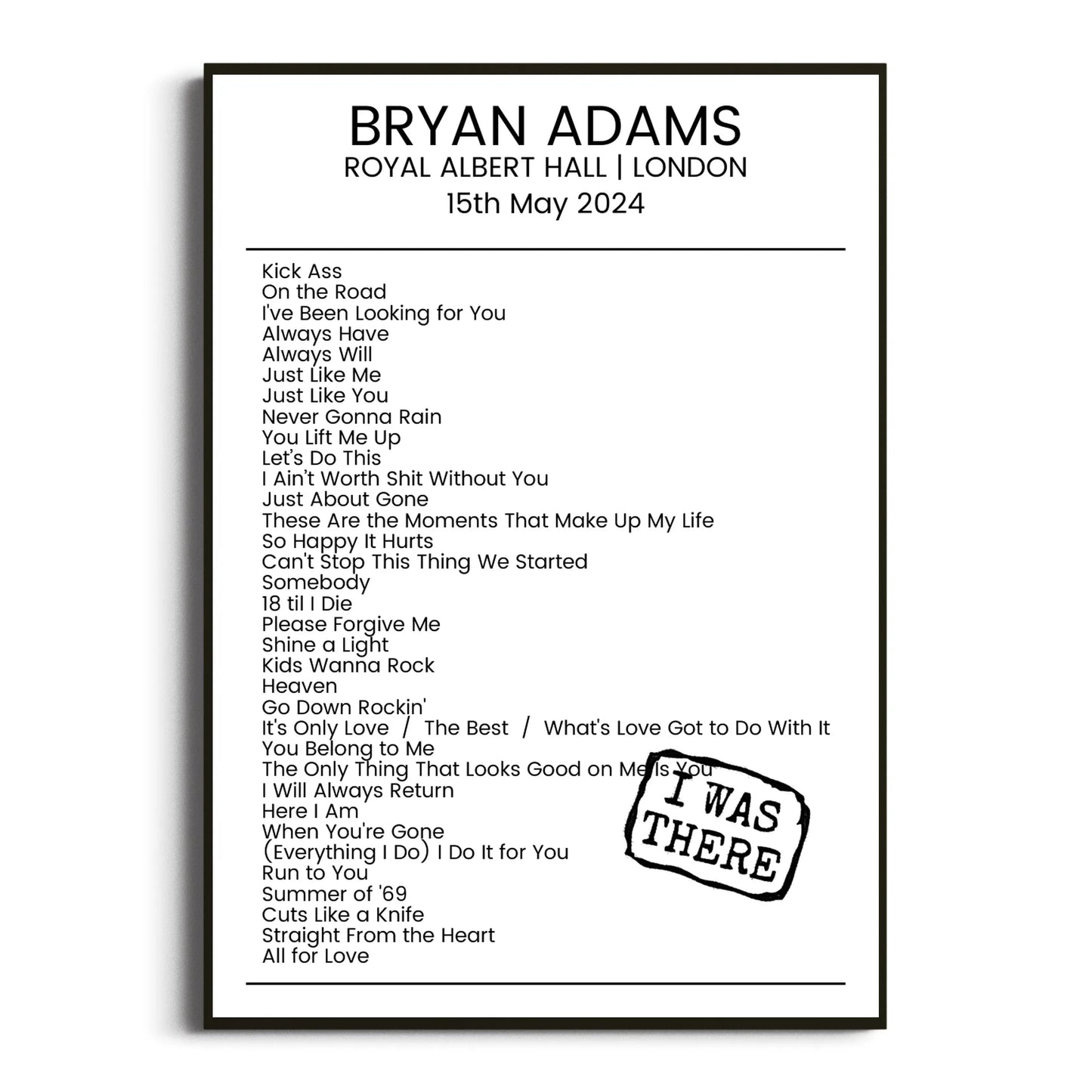 Bryan Adams London 15 May 2024 Setlist Poster