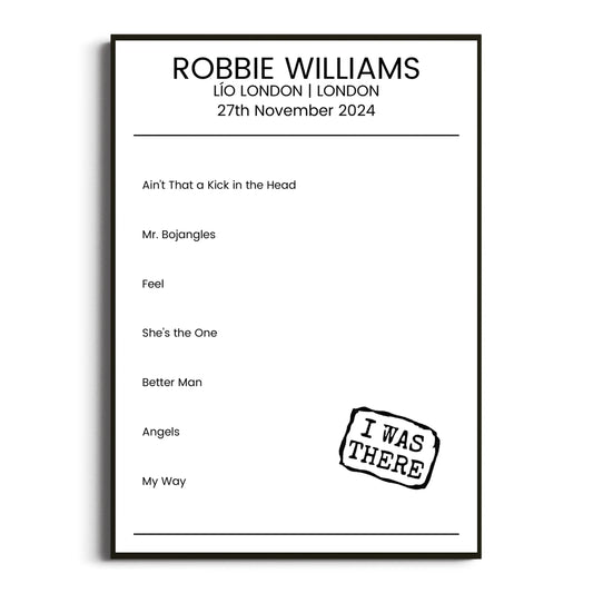 Robbie Williams London 27 November 2024 Setlist Poster