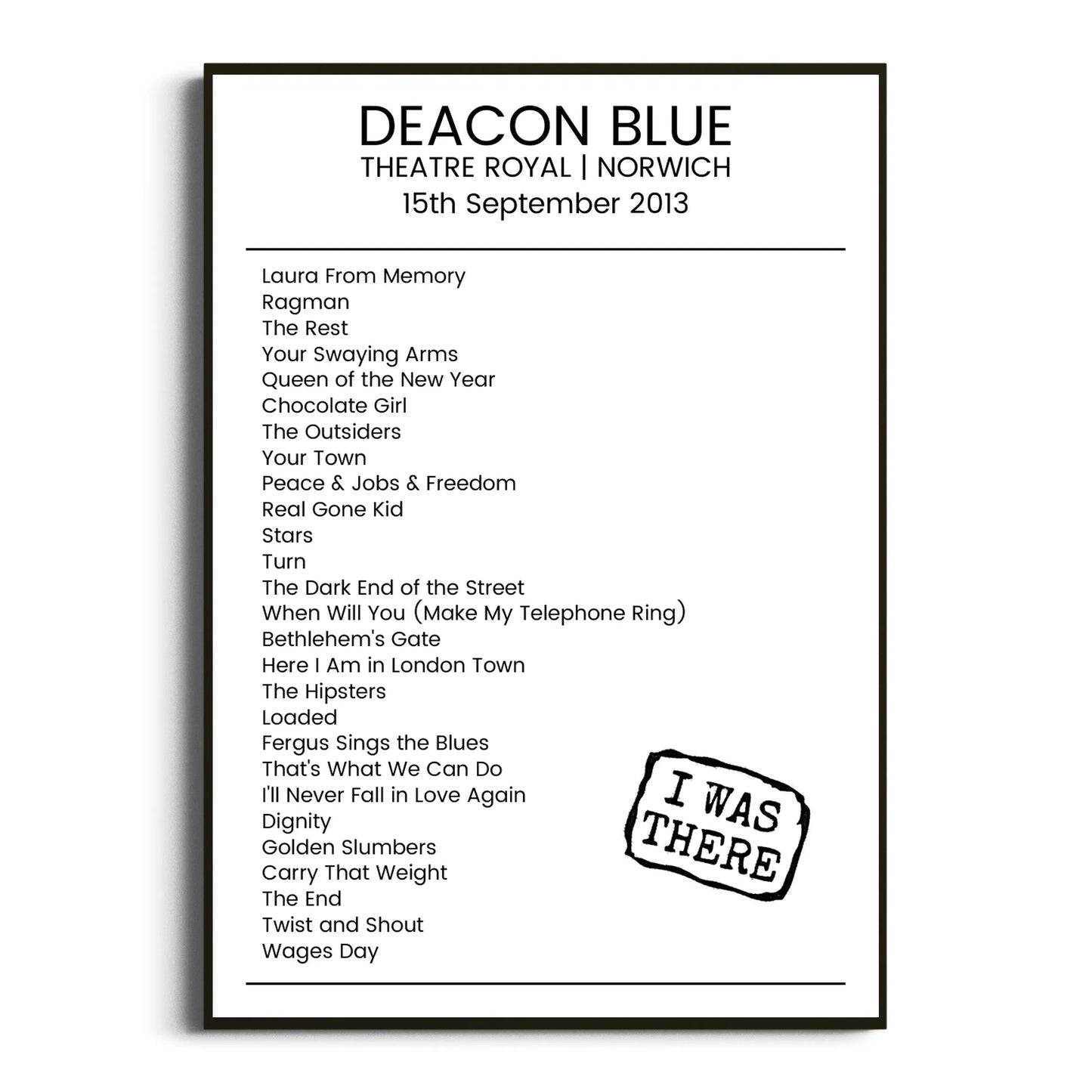 Deacon Blue Norwich 15 September 2013 Setlist Poster