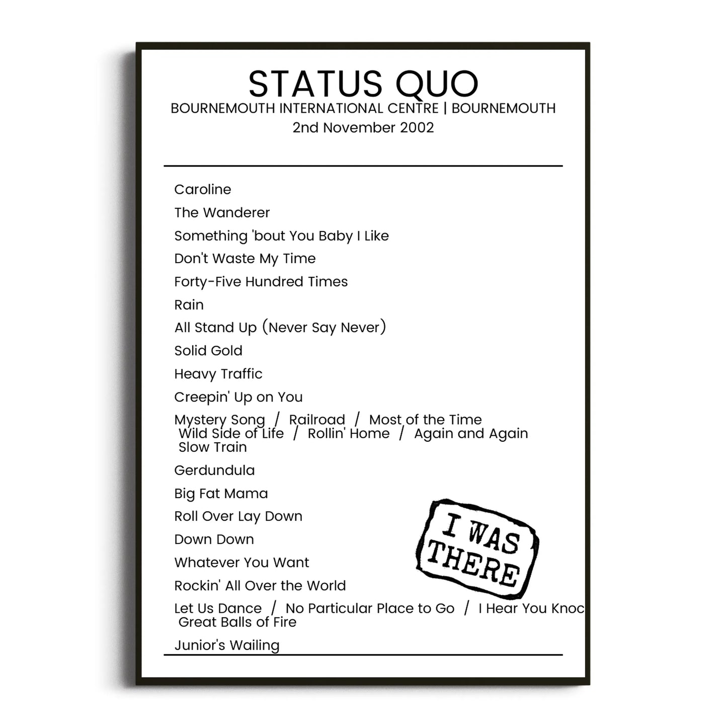 Status Quo Bournemouth 02 November 2002 Setlist Poster