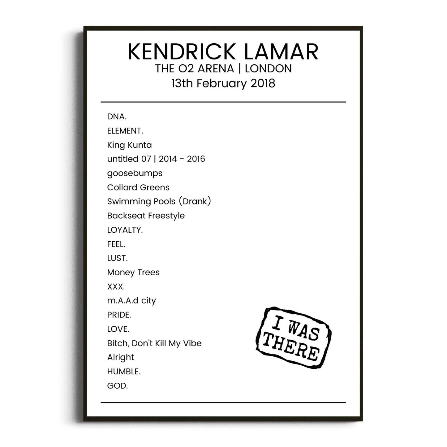 Kendrick Lamar London 13 February 2018 Setlist Poster