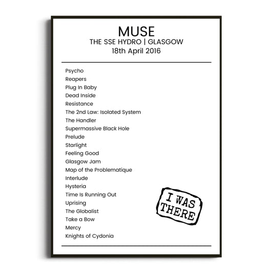 Muse Glasgow 18 April 2016 Setlist Poster