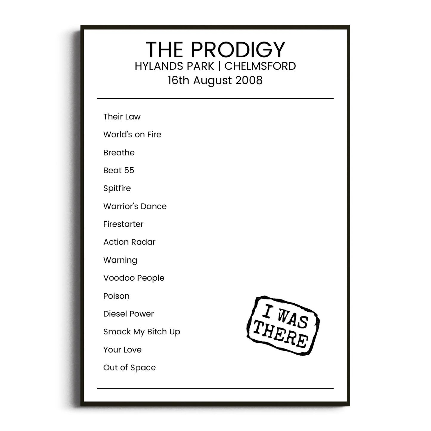 The Prodigy Chelmsford 16 August 2008 Setlist Poster