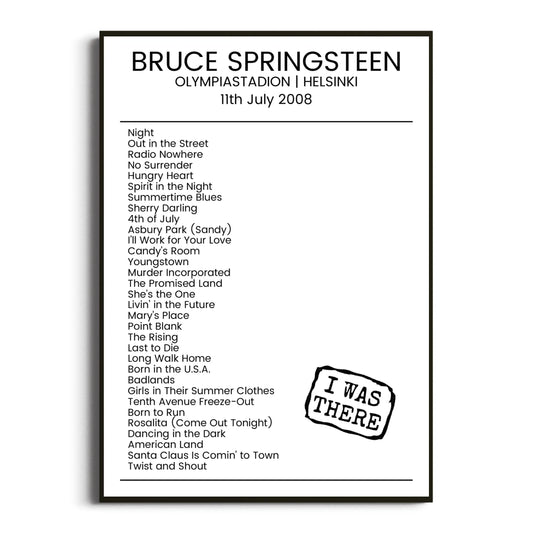 Bruce Springsteen Helsinki 11 July 2008 Setlist Poster