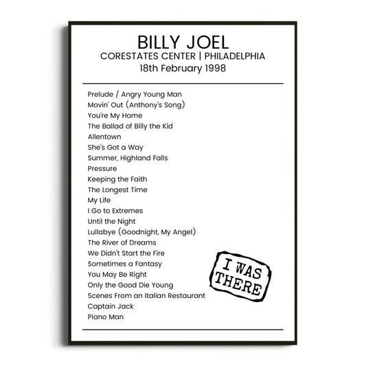 Billy Joel Philadelphia 18 February 1998 Setlist Poster