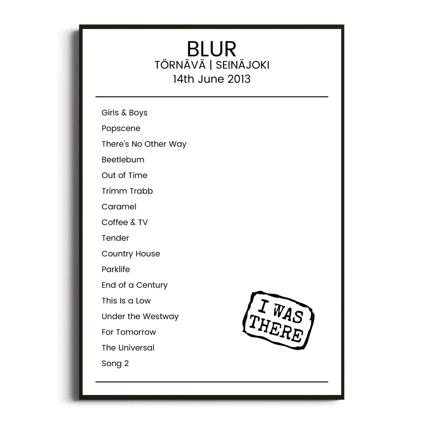 Blur Seinäjoki 14 June 2013 Setlist Poster