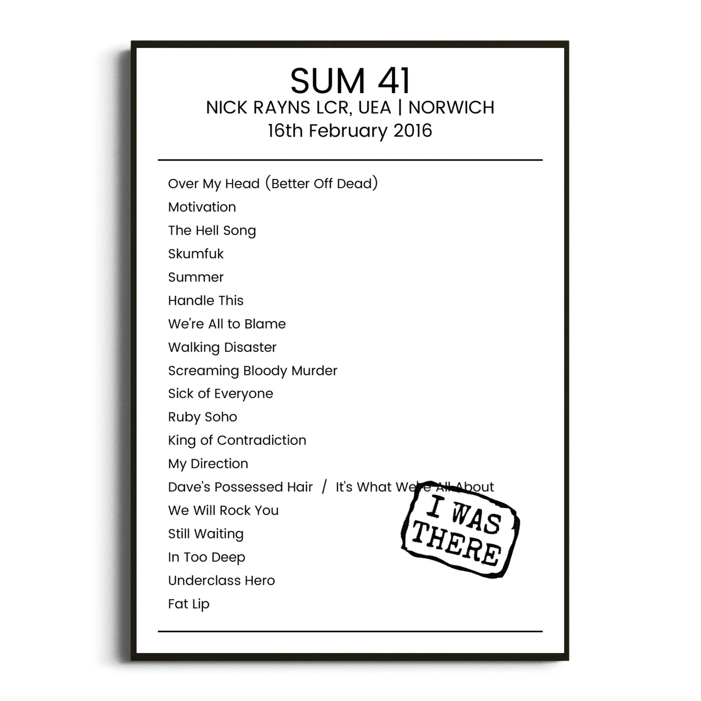 Sum 41 Norwich 16 February 2016 Setlist Poster