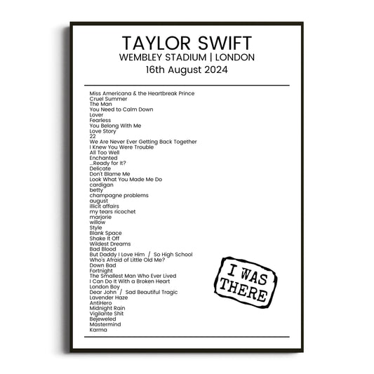 Taylor Swift London 16 August 2024 Setlist Poster