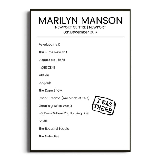 Marilyn Manson Newport 08 December 2017 Setlist Poster