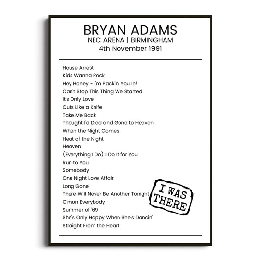 Bryan Adams Birmingham 04 November 1991 Setlist Poster