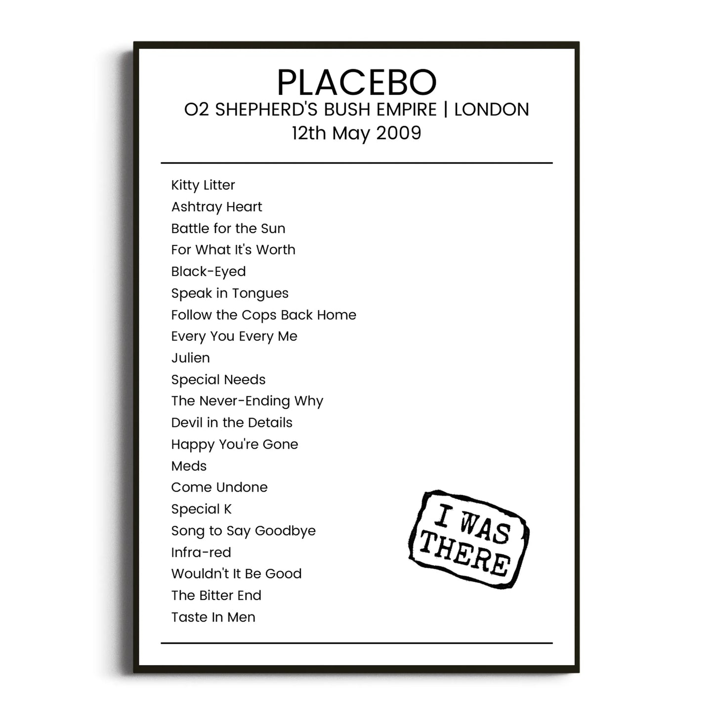 Placebo London 12 May 2009 Setlist Poster