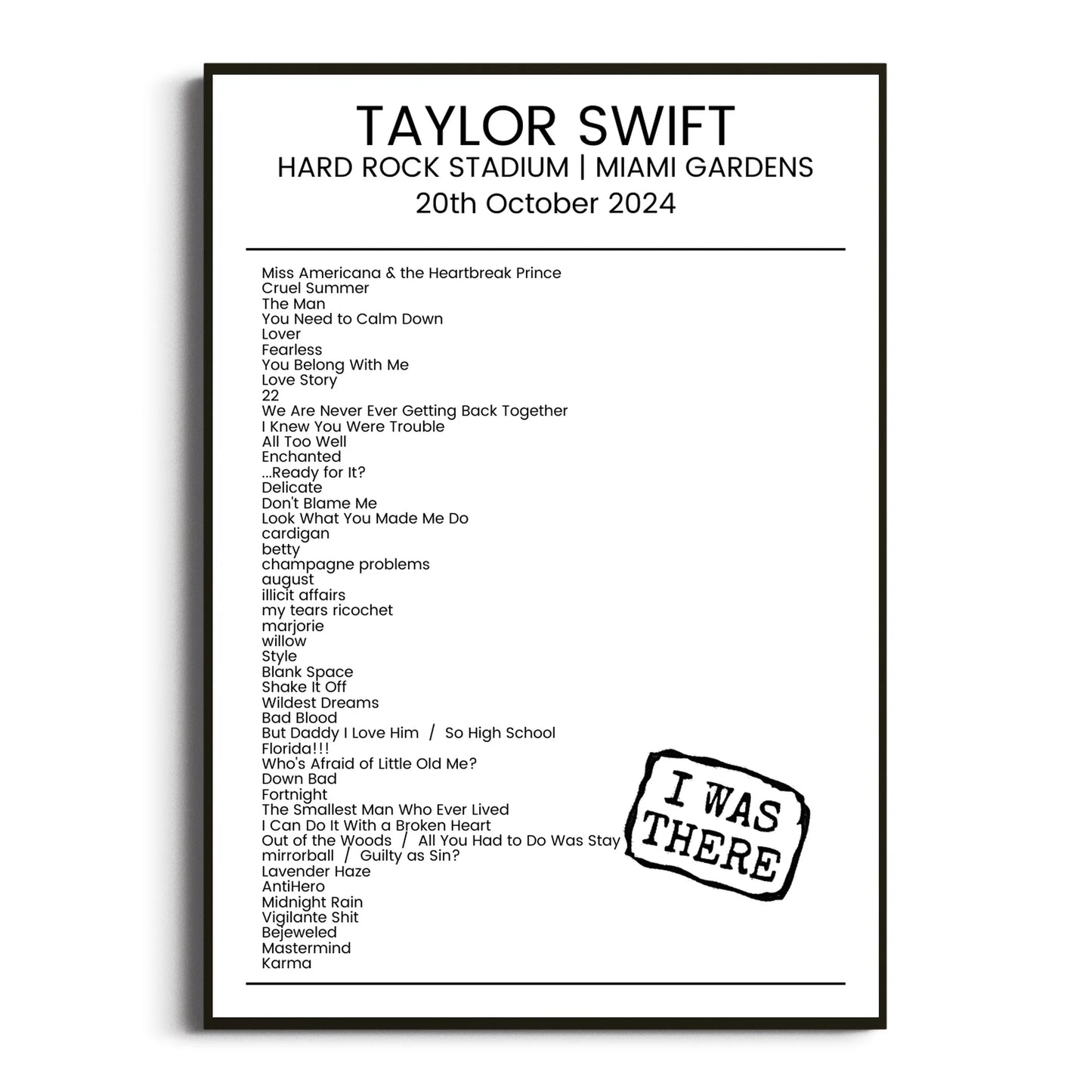 Taylor Swift Miami Gardens 20 October 2024 Setlist Poster