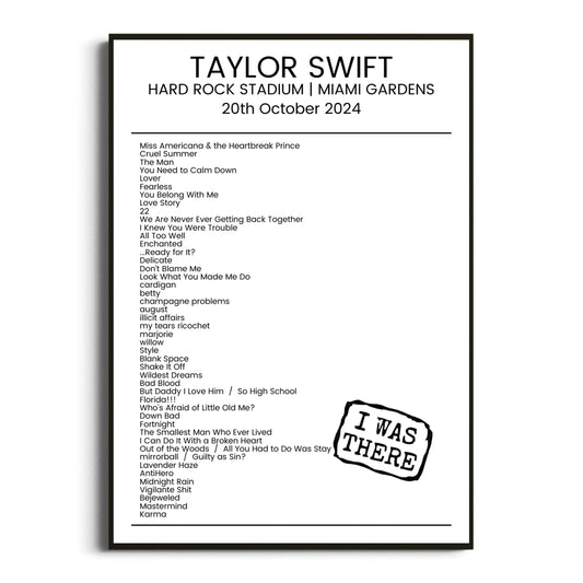 Taylor Swift Miami Gardens 20 October 2024 Setlist Poster