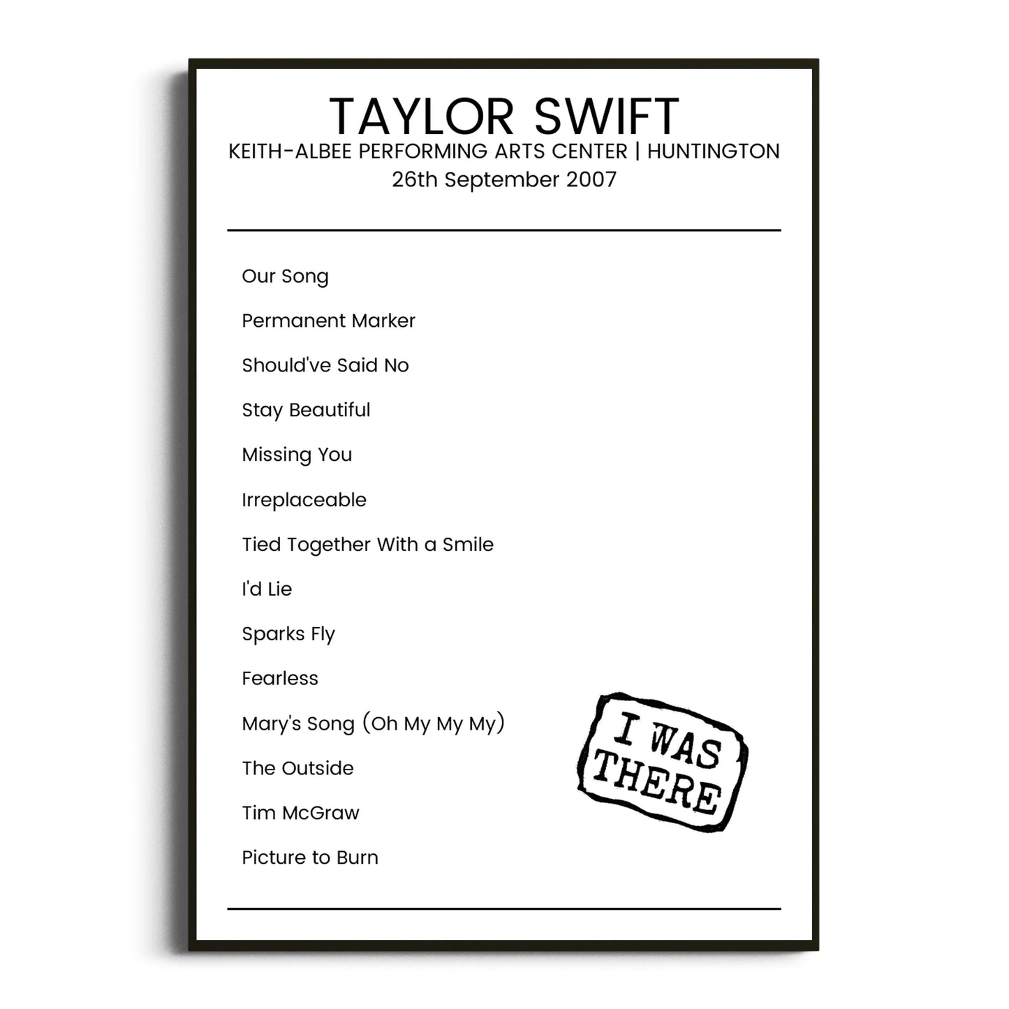 Taylor Swift Huntington 26 September 2007 Setlist Poster